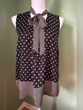 Elle Black and White Polka Dot Bow-Tie Sleeveless Blouse